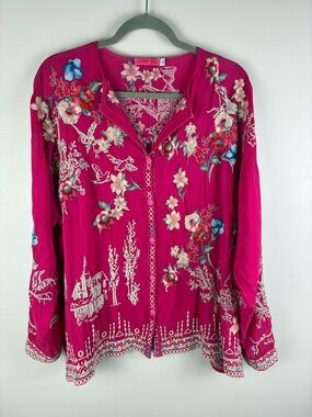 Johnny Was Elias Button Up 3/4 Sleeve Top Pink Embroidered Medium